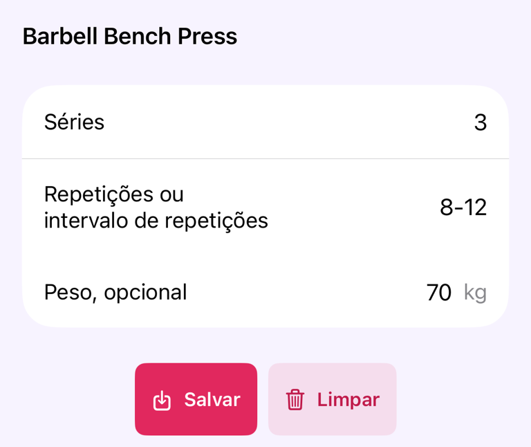 Valores iniciais para um exercício da rotina